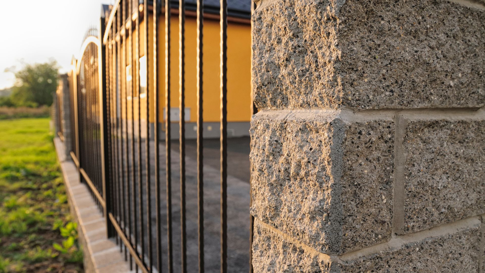 A stone wall with a metal fence around it